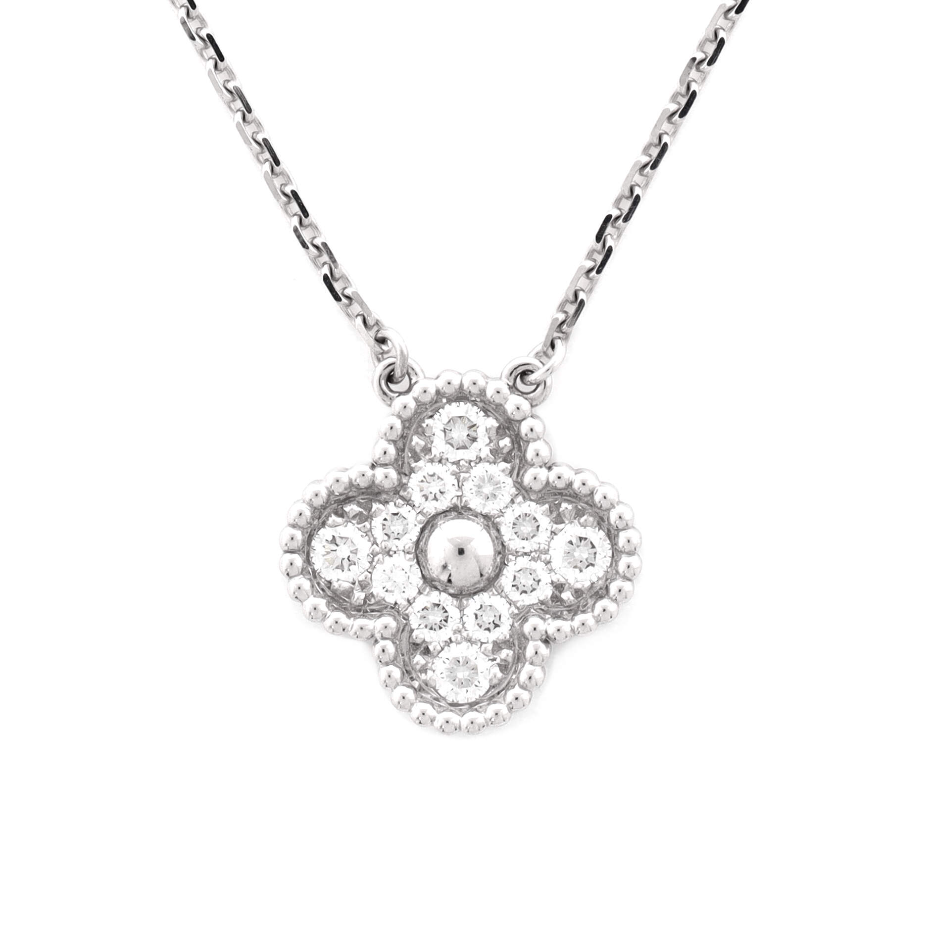 Vintage Alhambra Pendant Necklace 18K White Gold and Diamonds