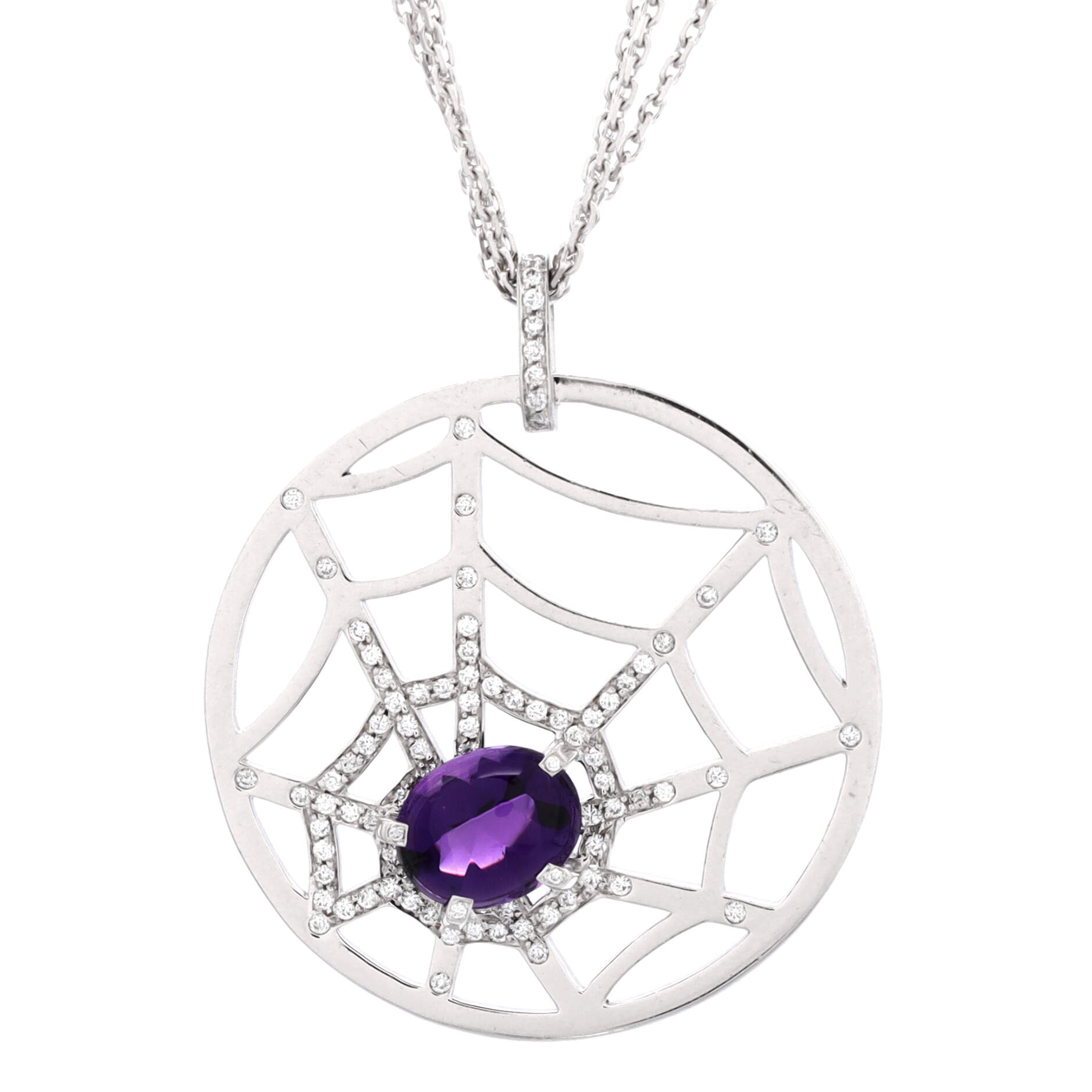 Attrape-Moi Spider Web Pendant Necklace 18K White Gold with Diamonds and Amethyst Large