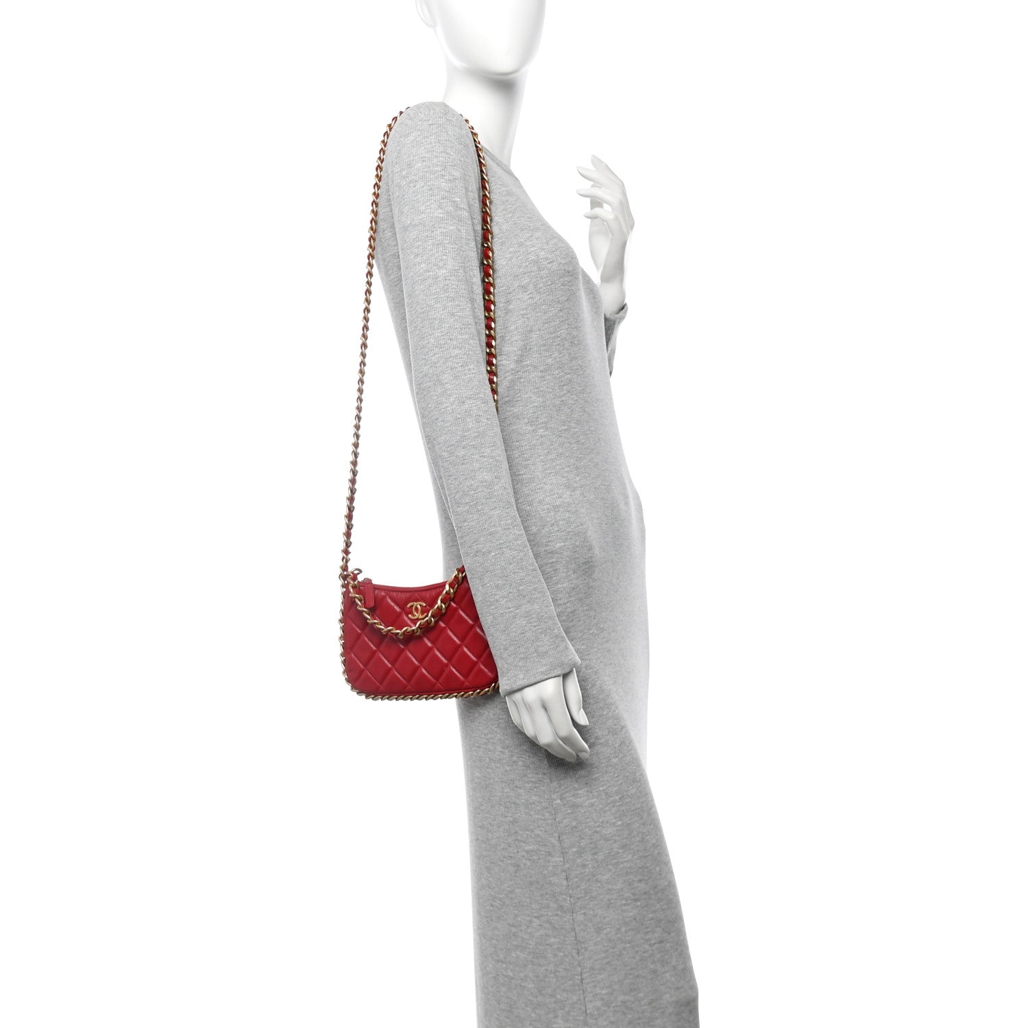 Shiny Crumpled Lambskin Quilted Trendy Chain Around Hobo Red