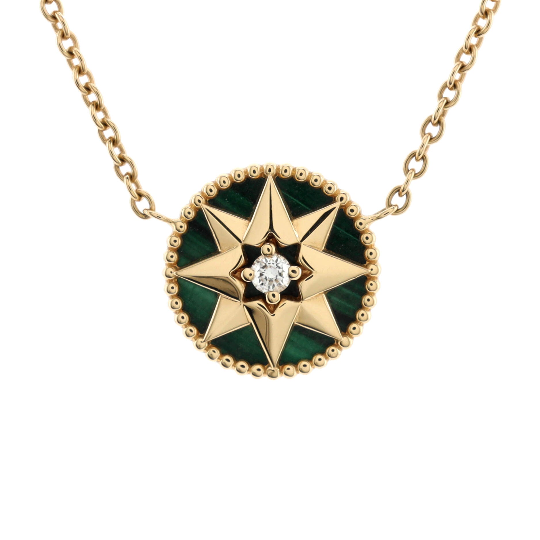 Rose des Vents Necklace 18K Yellow Gold with Diamond and Malachite 12mm