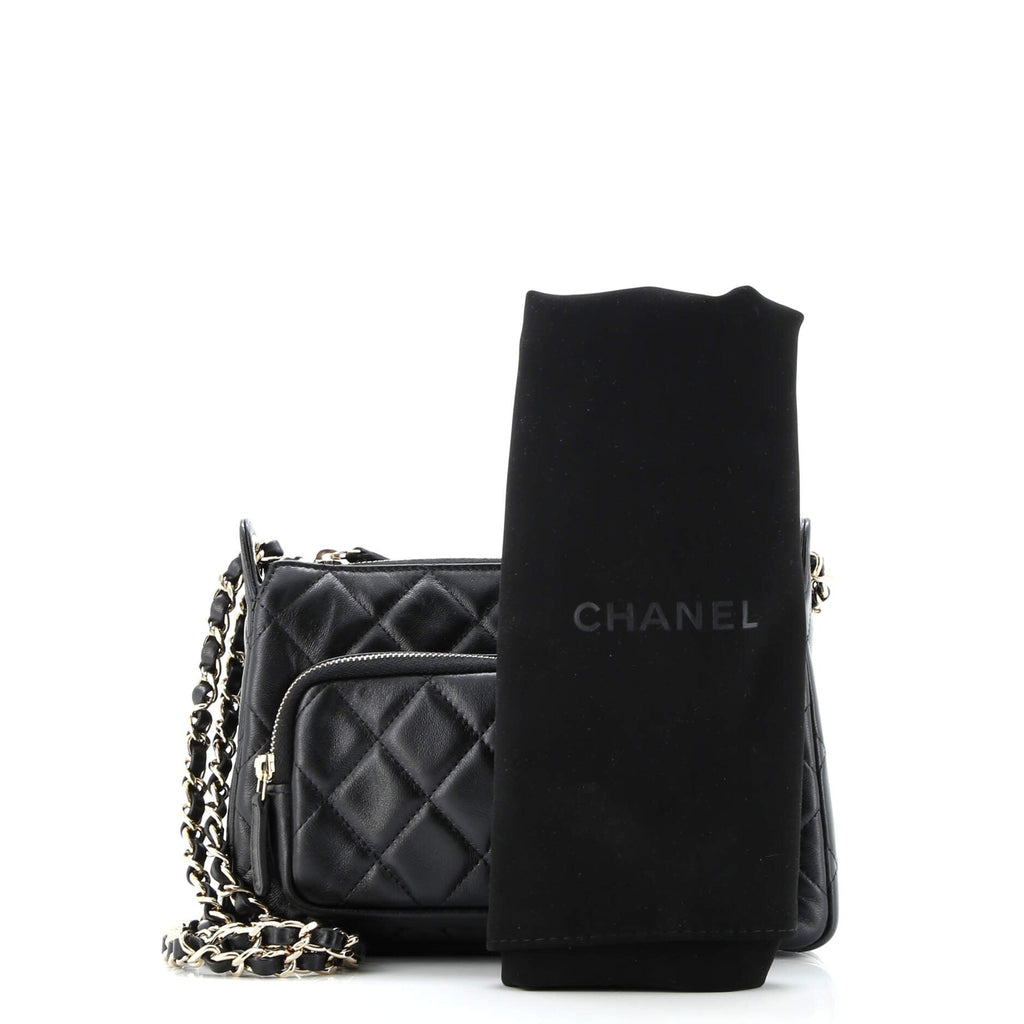 CC Front Pocket Zip Clutch with Chain Quilted Lambskin Large
