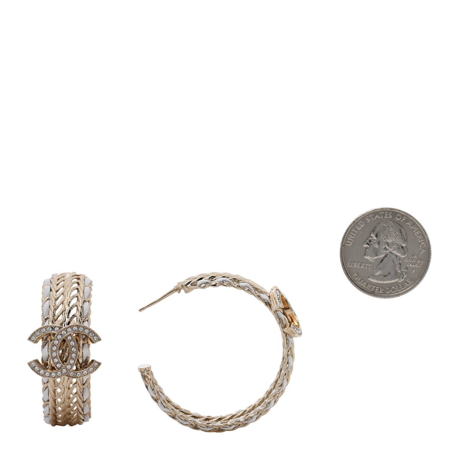 Crystal Lambskin CC Double Chain Hoop Earrings Gold White