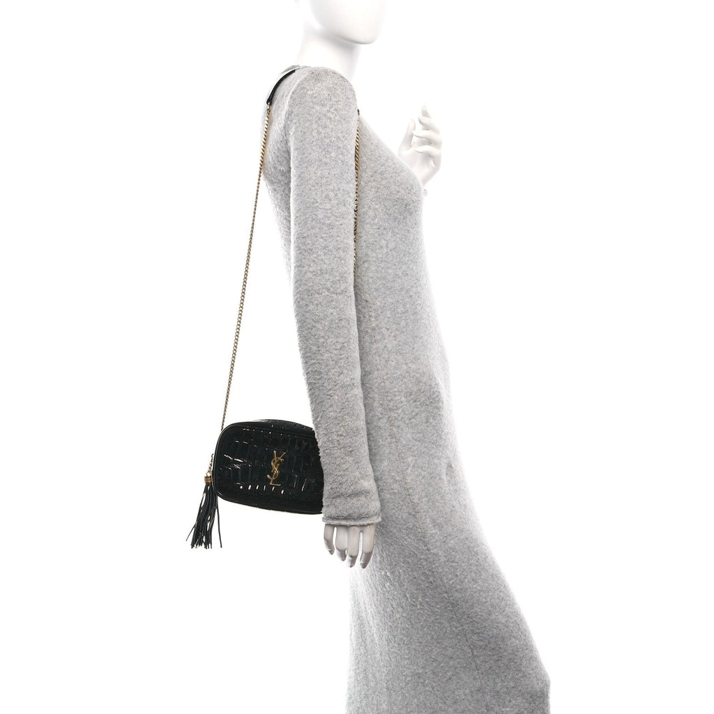 Patent Calfskin Crocodile Embossed Monogram Mini Lou Camera Bag Black