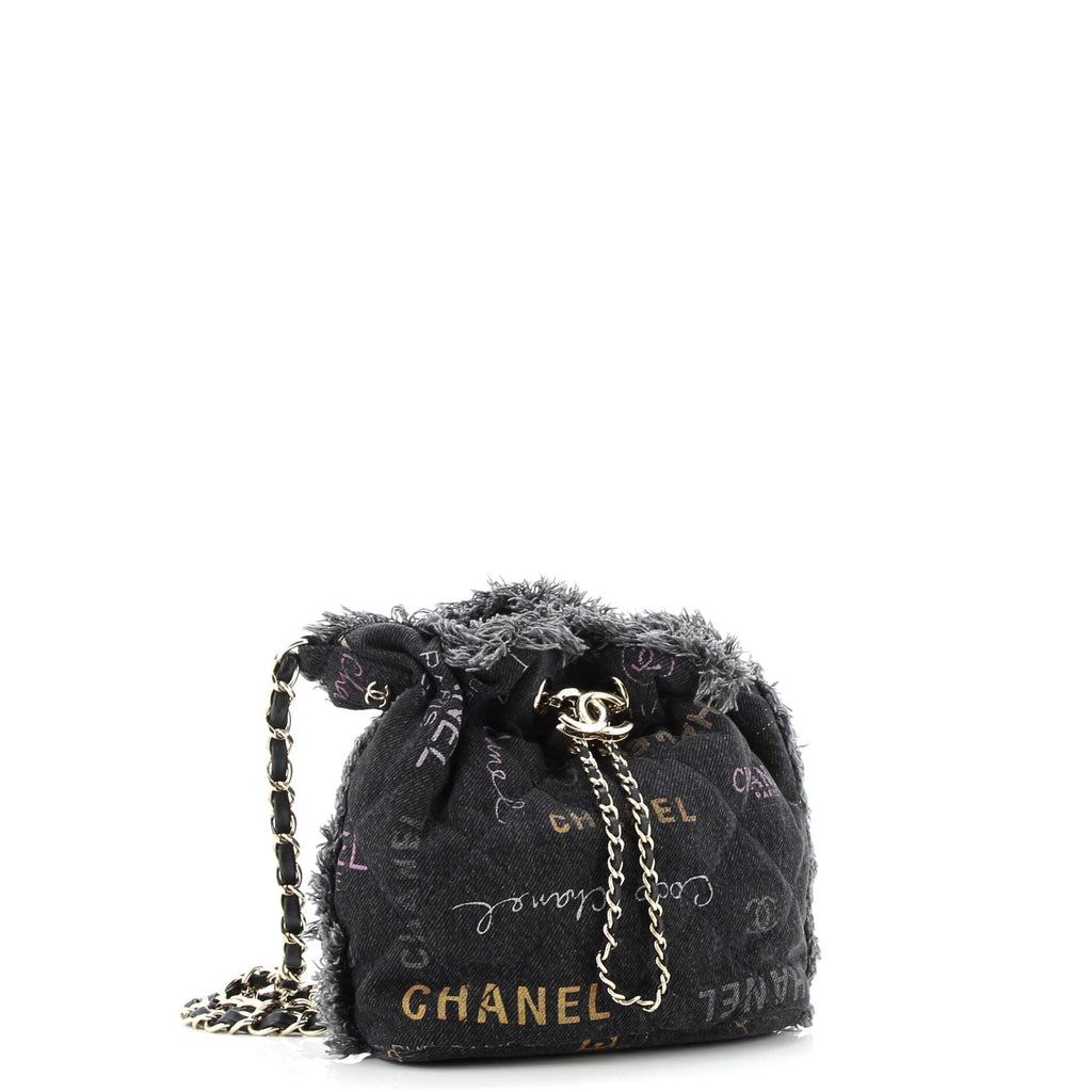 Denim Mood Chain Bucket Bag Logo Printed Quilted Fringe Denim Medium