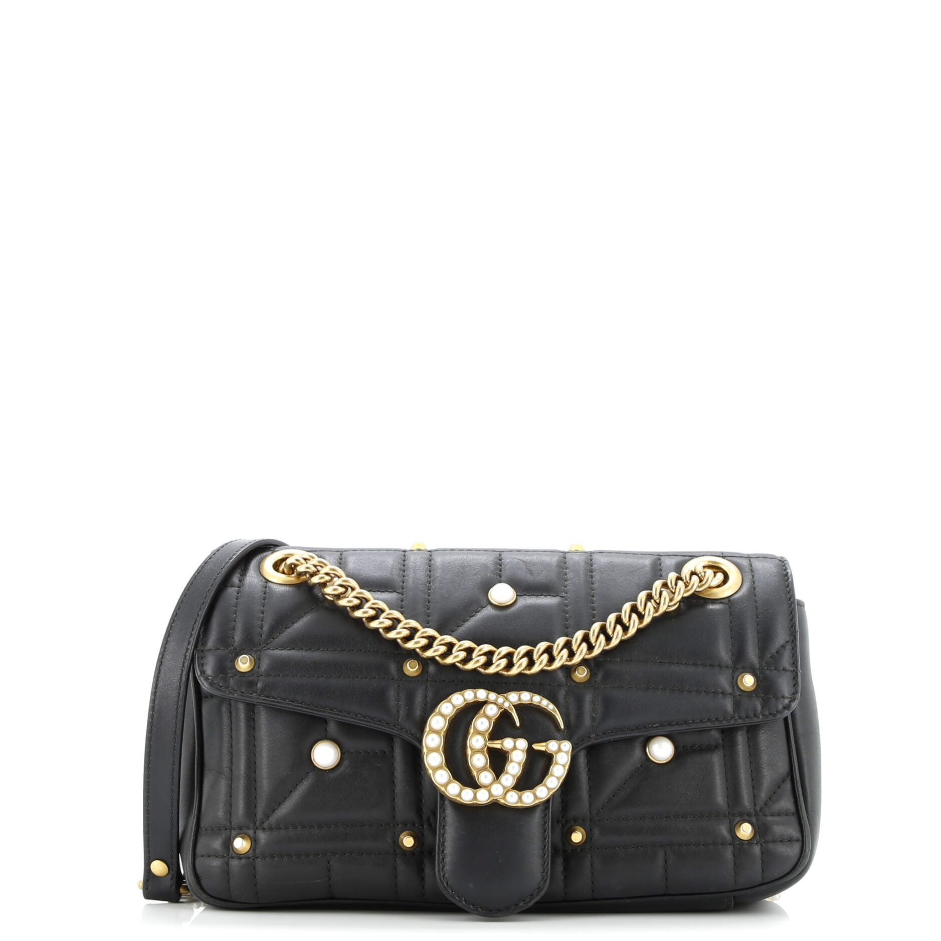 Pearly GG Marmont Flap Bag Embellished Matelasse Leather Small
