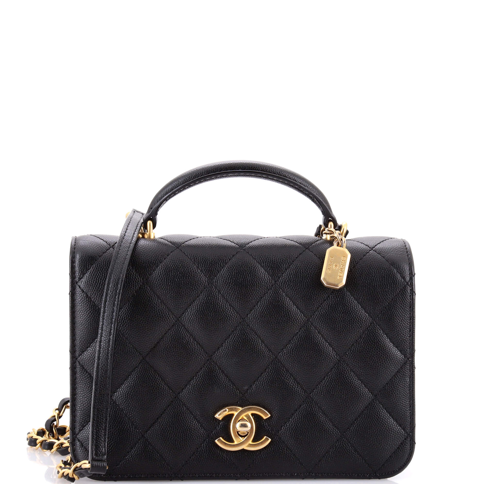 CC Top Handle Chain Full Flap Bag Quilted Caviar Mini