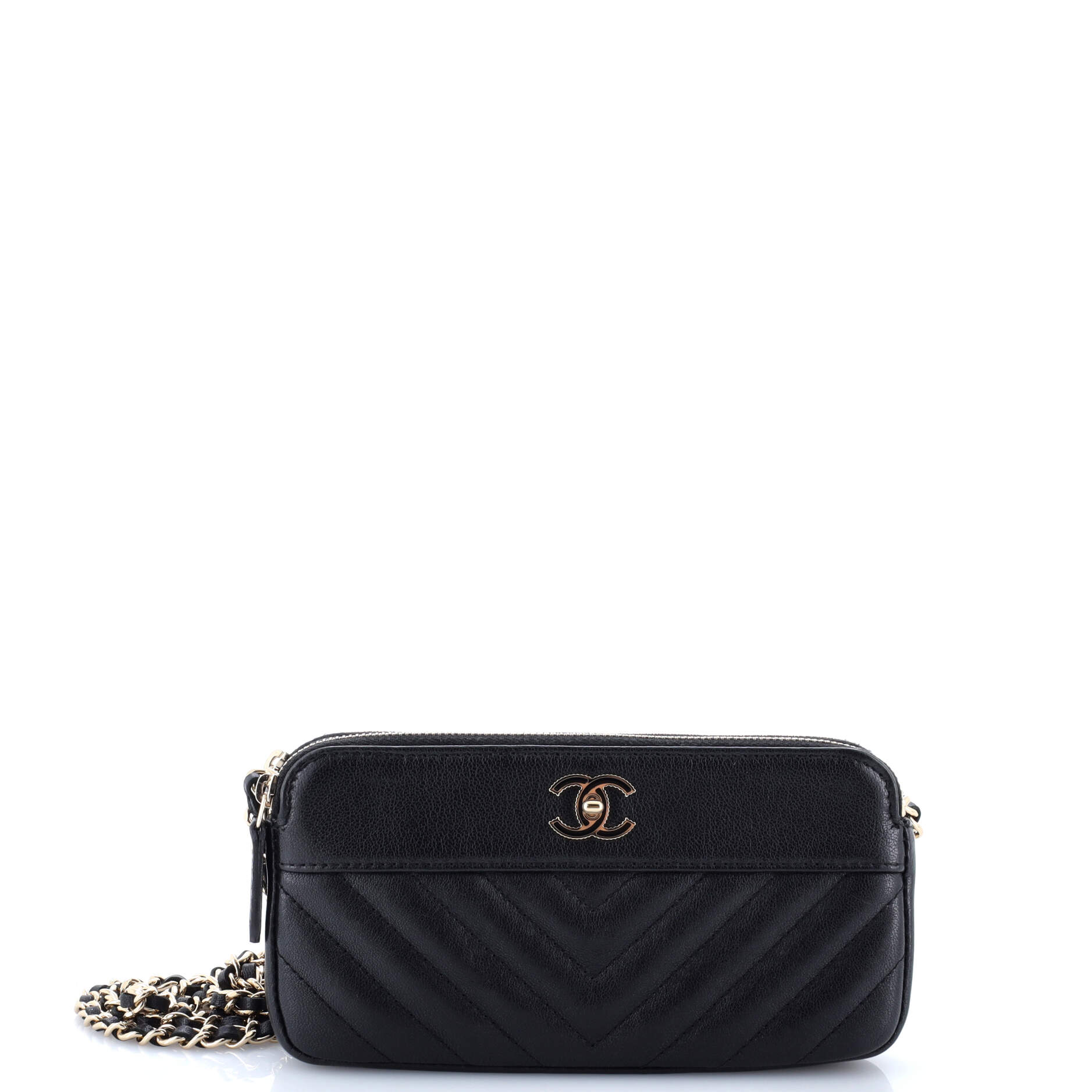 Mademoiselle Vintage Double Zip Clutch with Chain Chevron Sheepskin