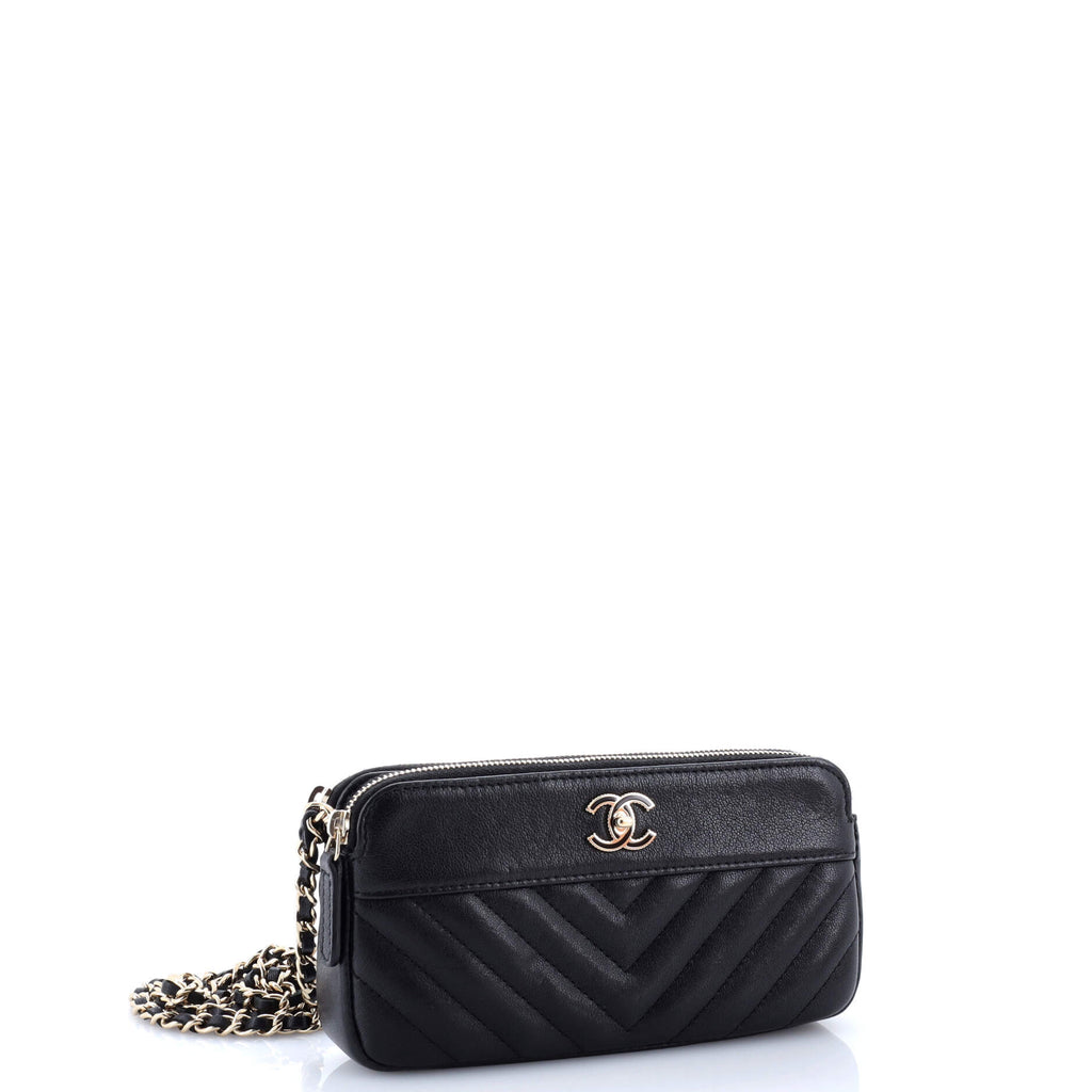 Mademoiselle Vintage Double Zip Clutch with Chain Chevron Sheepskin
