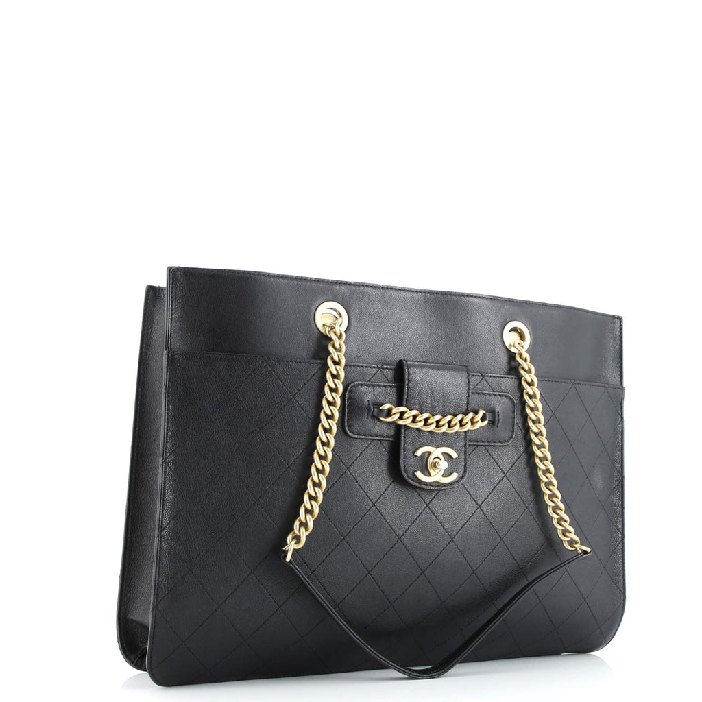 CC Front Chain Pocket Tote Stitched Leather Medium
