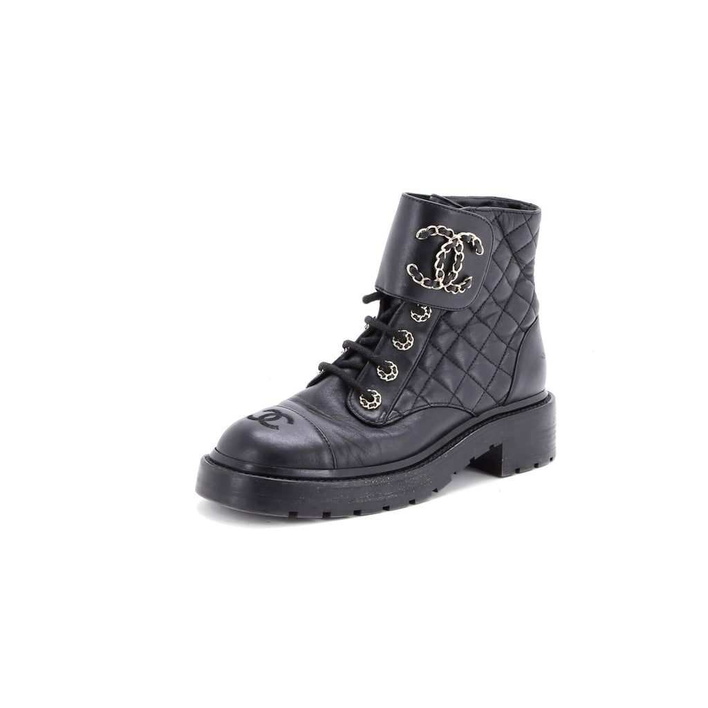 Women's Chain CC Cap Toe Lace Up Combat Boots Quilted Leather