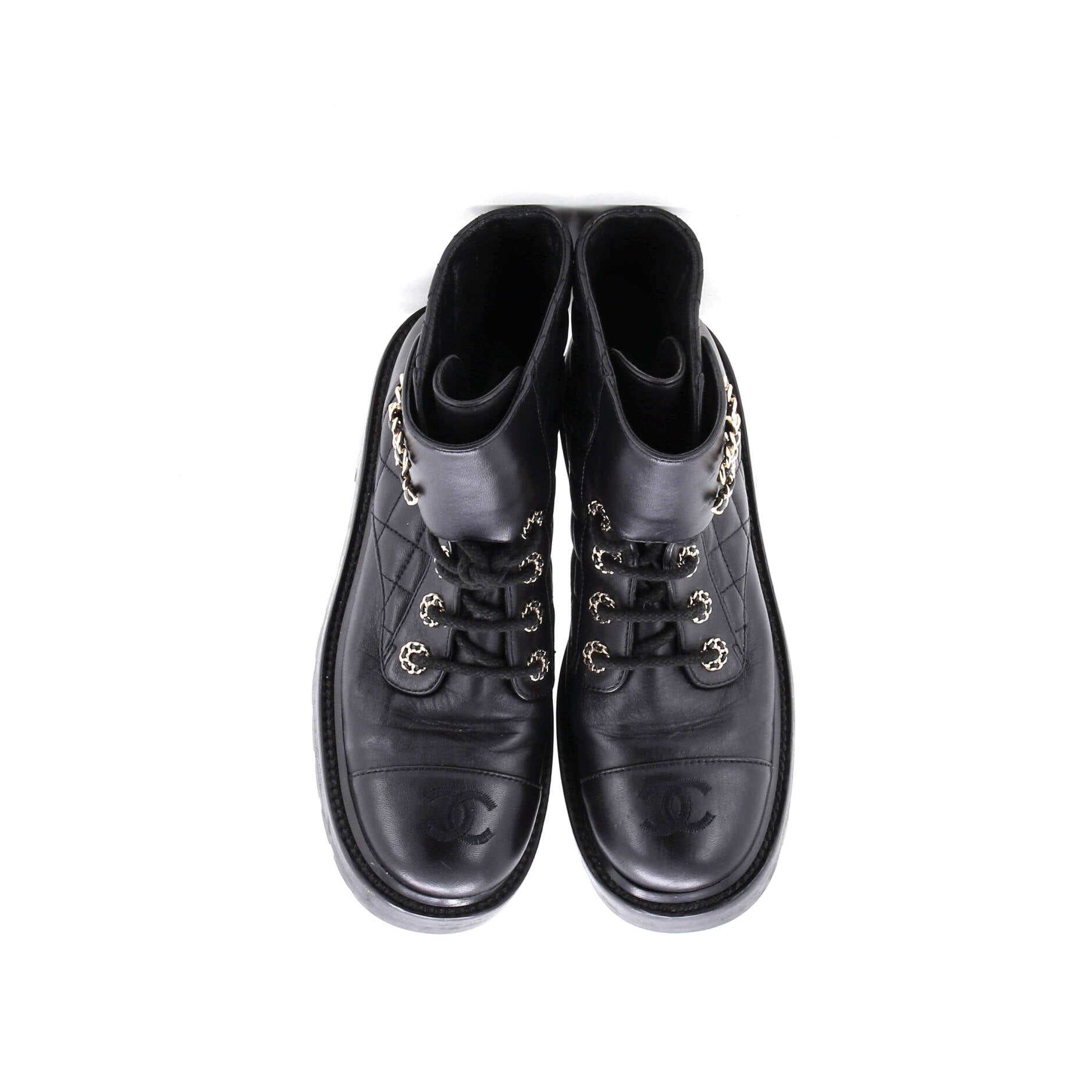 Women's Chain CC Cap Toe Lace Up Combat Boots Quilted Leather