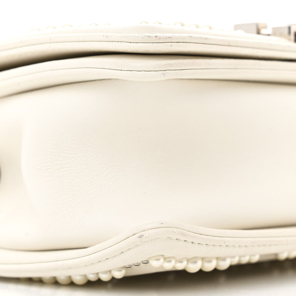 Calfskin Pearl Chevron Small Boy Flap White