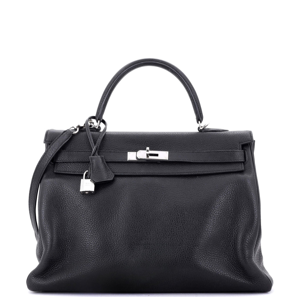 Kelly Handbag Noir Clemence with Palladium Hardware 35