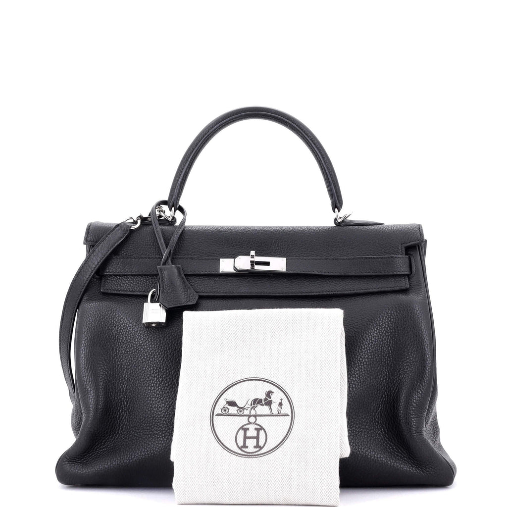 Kelly Handbag Noir Clemence with Palladium Hardware 35