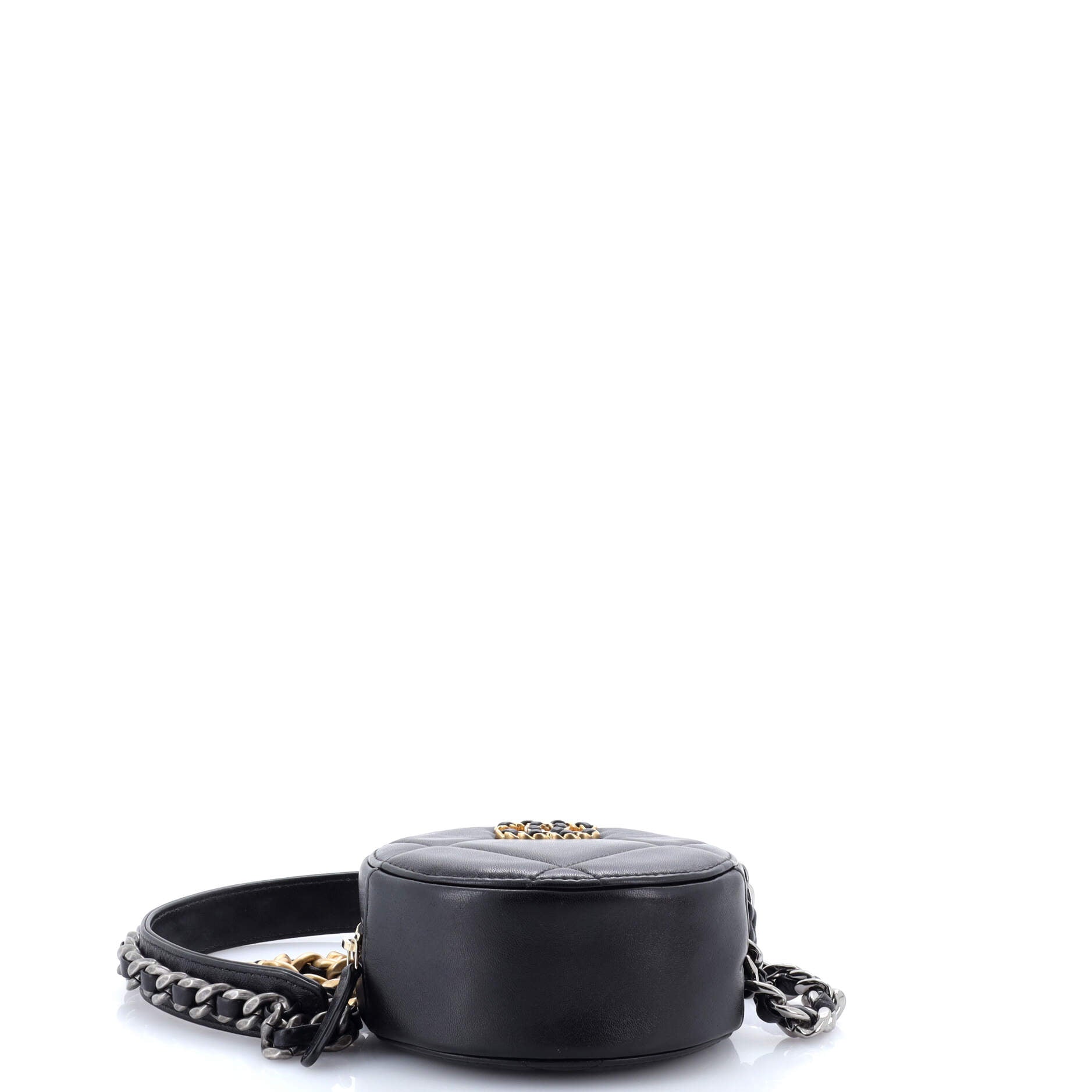 19 Round Clutch with Chain Quilted Leather
