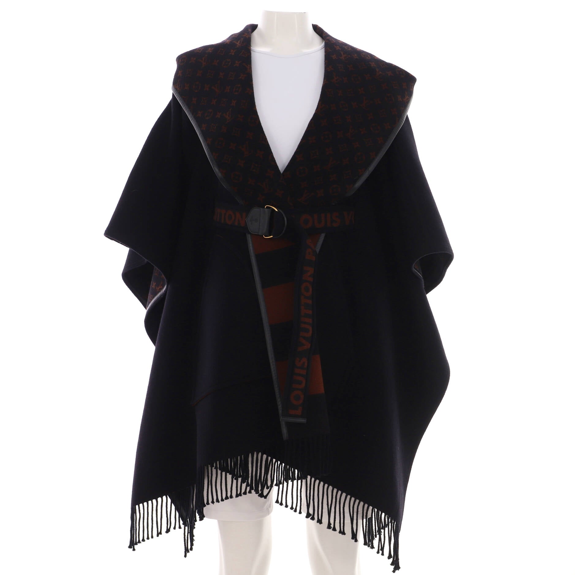 Women's Hooded Belted Cape Striped Monogram Wool Blend