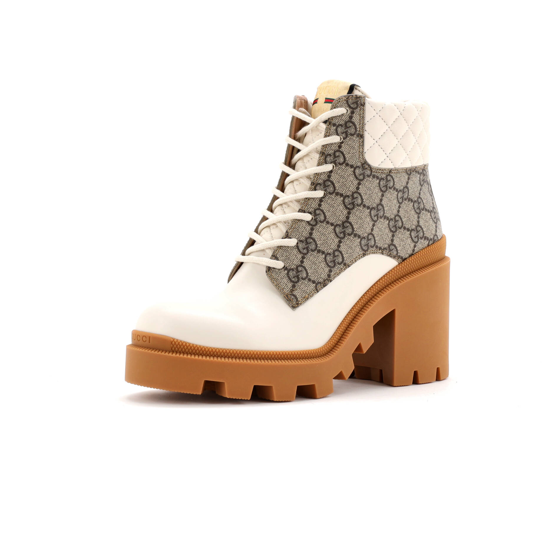 Women's Lace Up Heeled Ankle Boots GG Coated Canvas with Quilted Leather