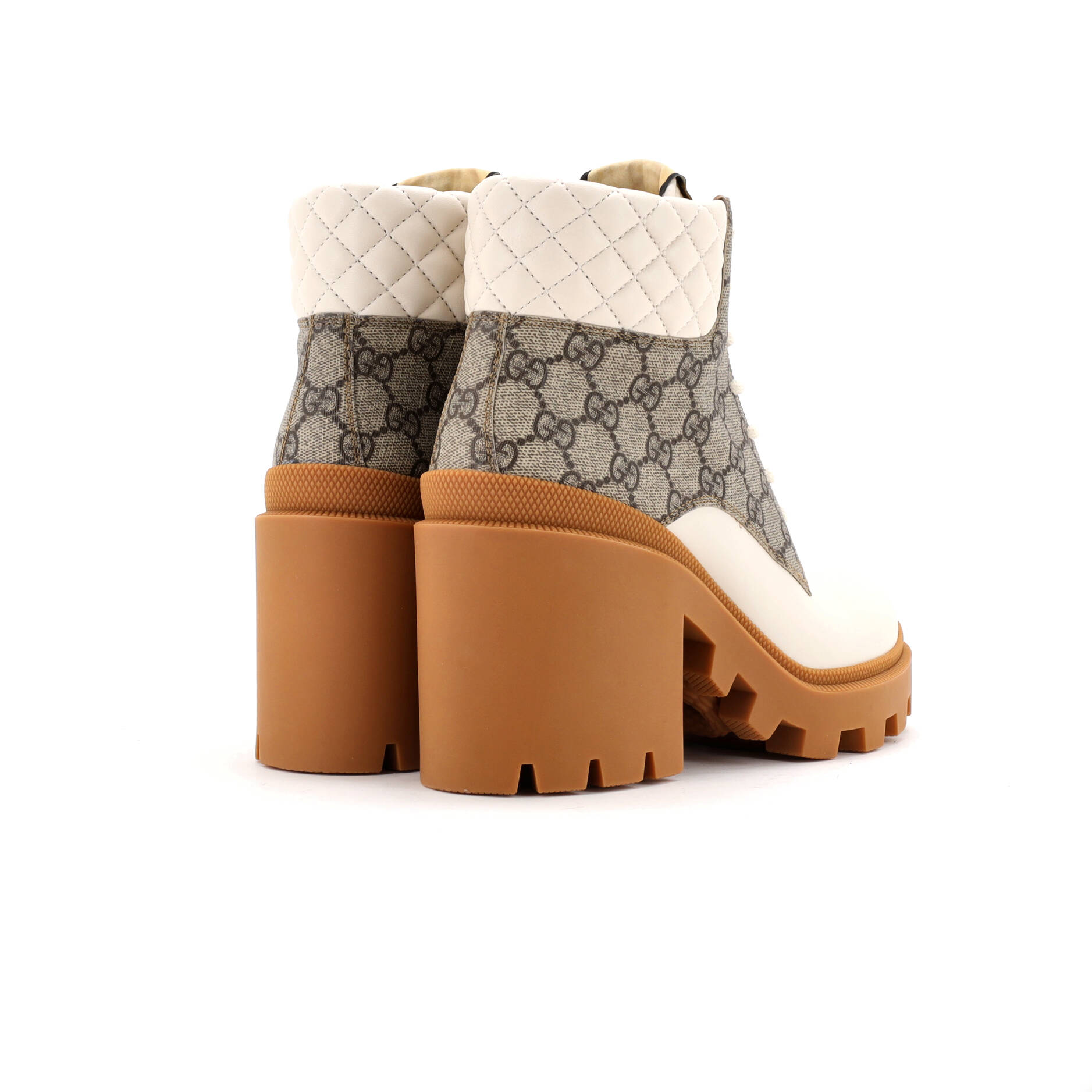 Women's Lace Up Heeled Ankle Boots GG Coated Canvas with Quilted Leather