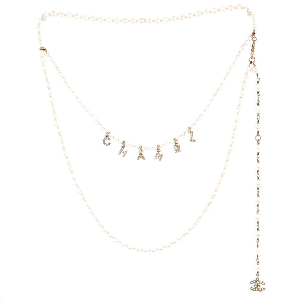 Logo Double Strand Belt Faux Pearls and Metal with Crystals