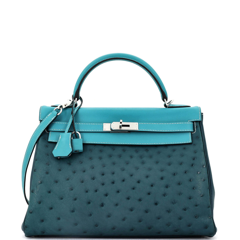 Kelly Handbag Tricolor Ostrich with Swift and Clemence and Palladium Hardware 32
