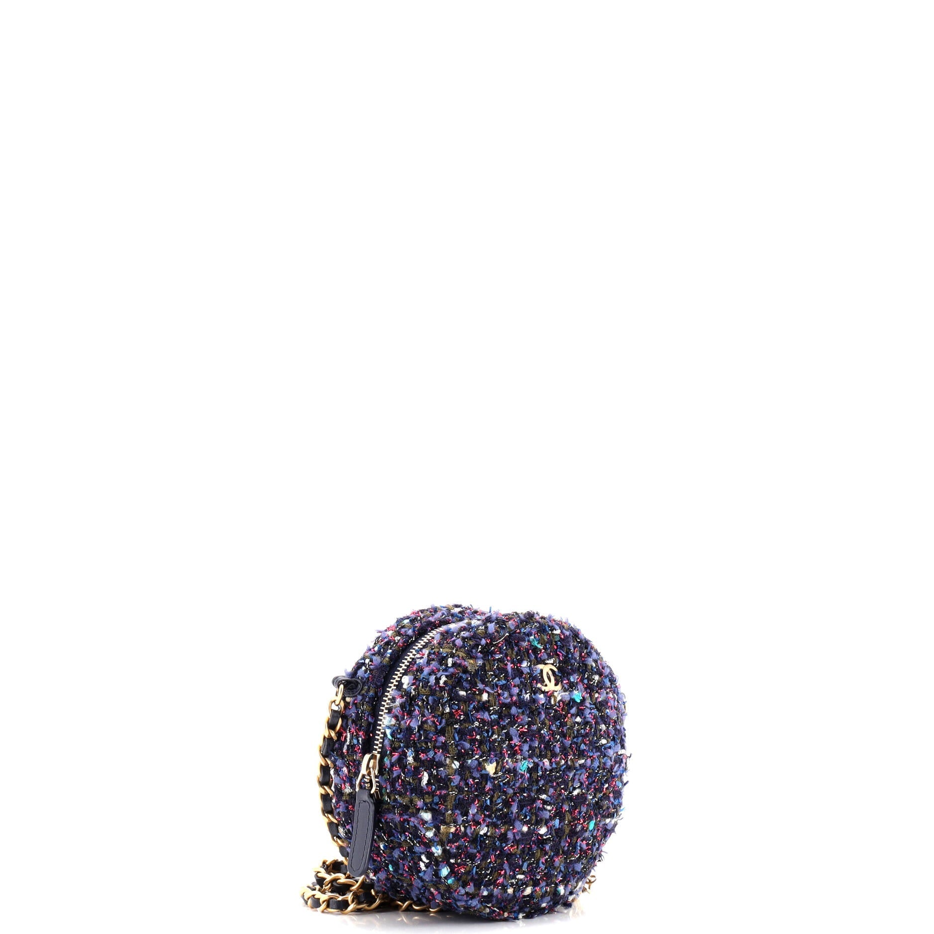 Charm Round Clutch with Chain Quilted Tweed