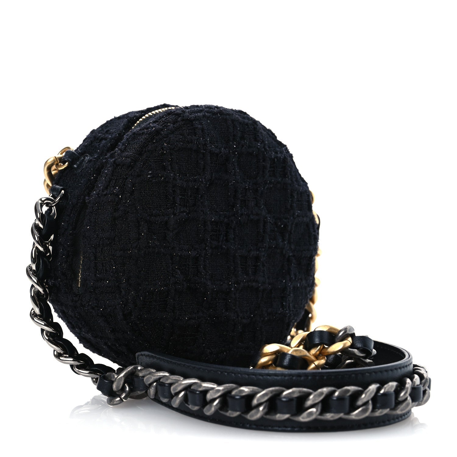Tweed Quilted 19 Round Clutch With Chain Black