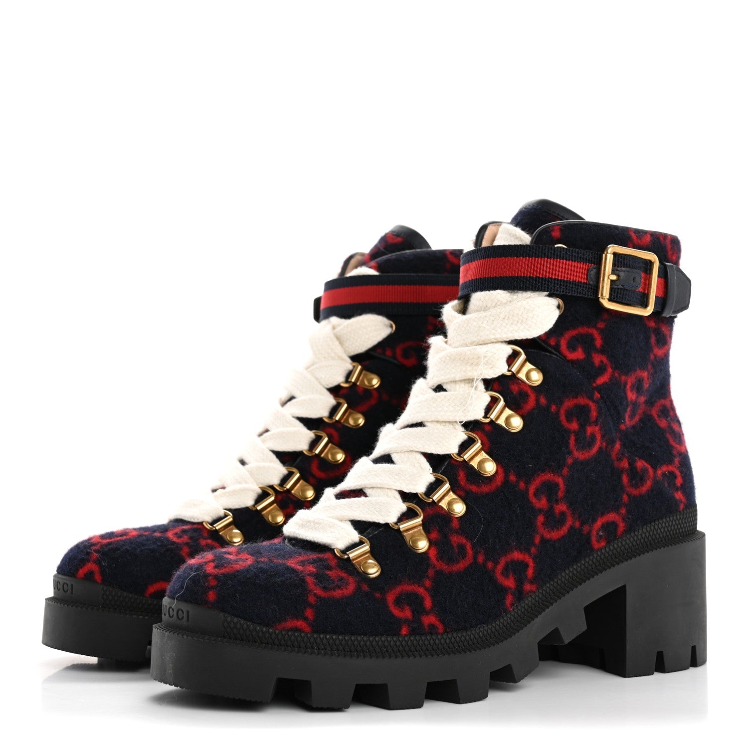 Covered Wool Big GG Monogram Womens Lace Up Combat Ankle Boots 37 Blue Red