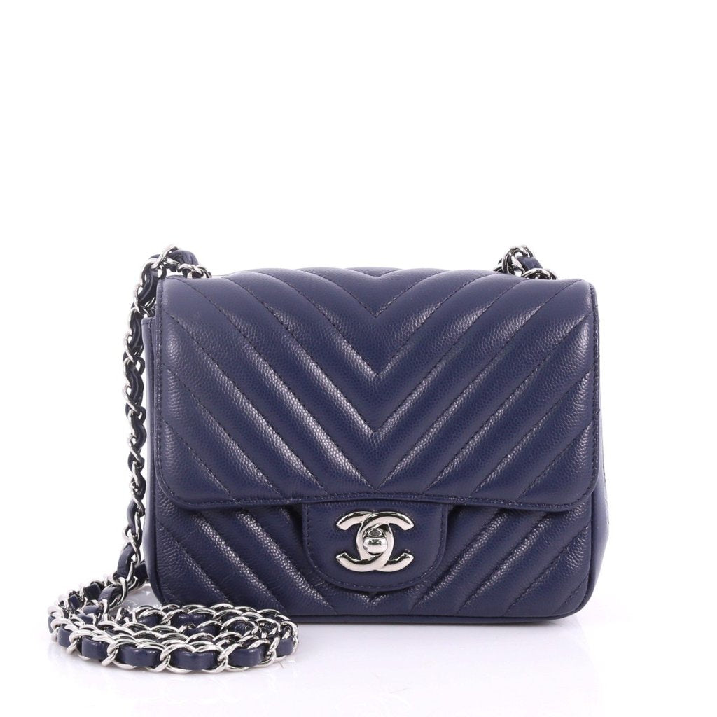 Square Classic Single Flap Bag Chevron Caviar Mini