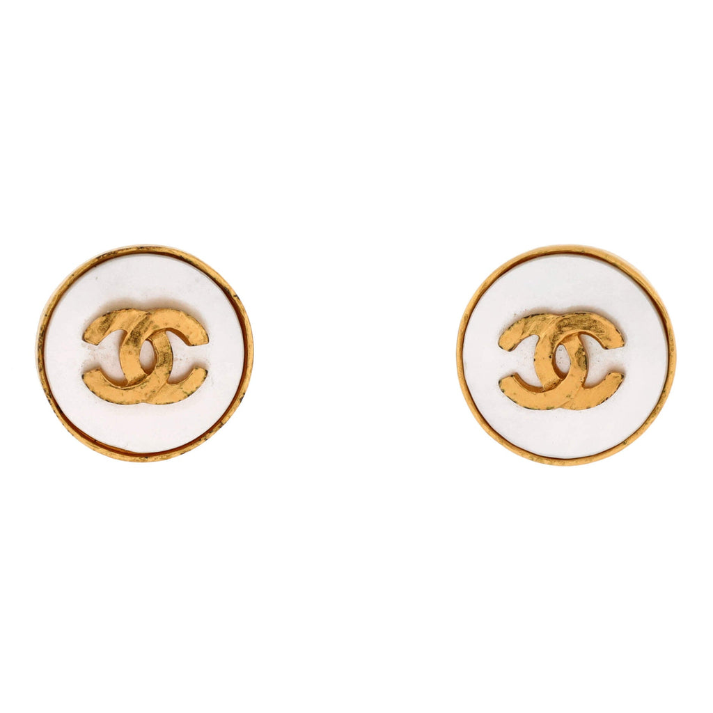 CC Round Button Clip-On Earrings Metal and Mother of Pearl