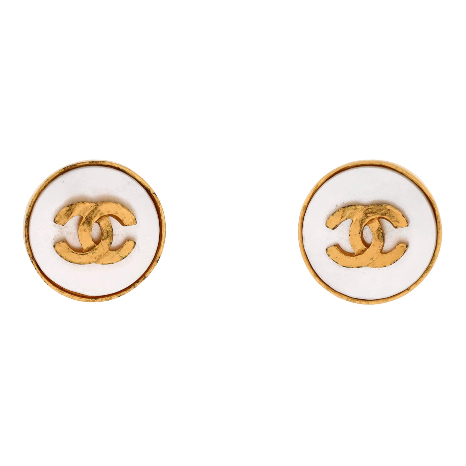 CC Round Button Clip-On Earrings Metal and Mother of Pearl