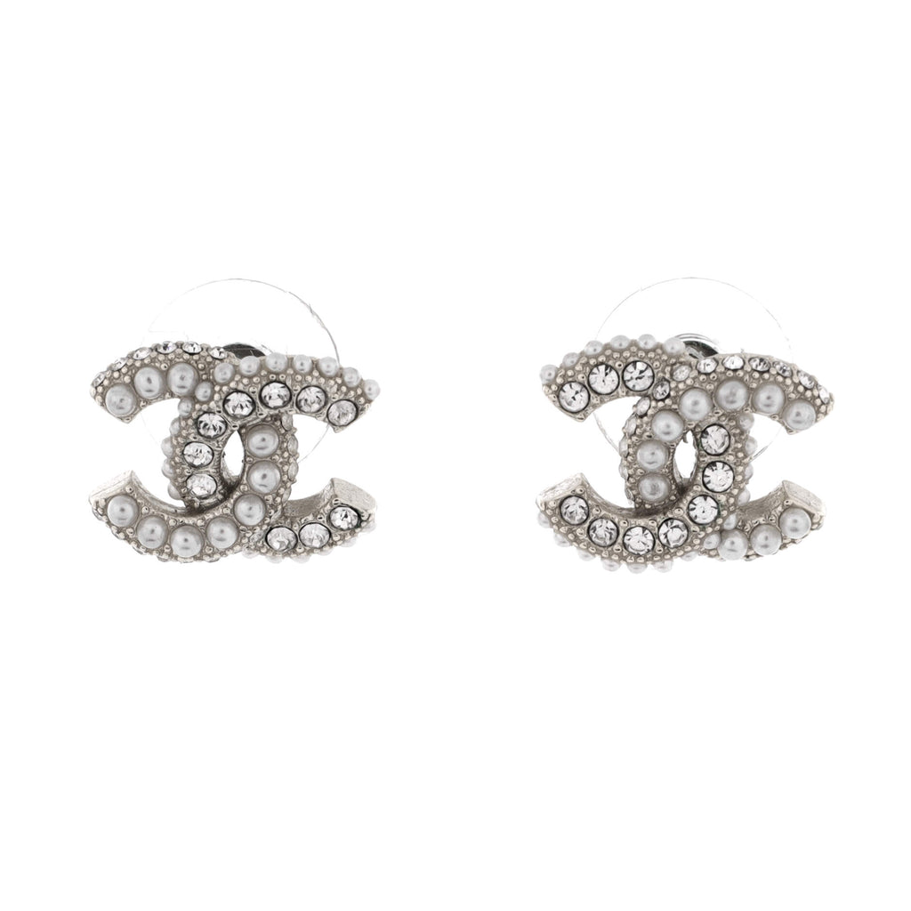 CC Stud Earrings Metal with Faux Pearls and Crystals