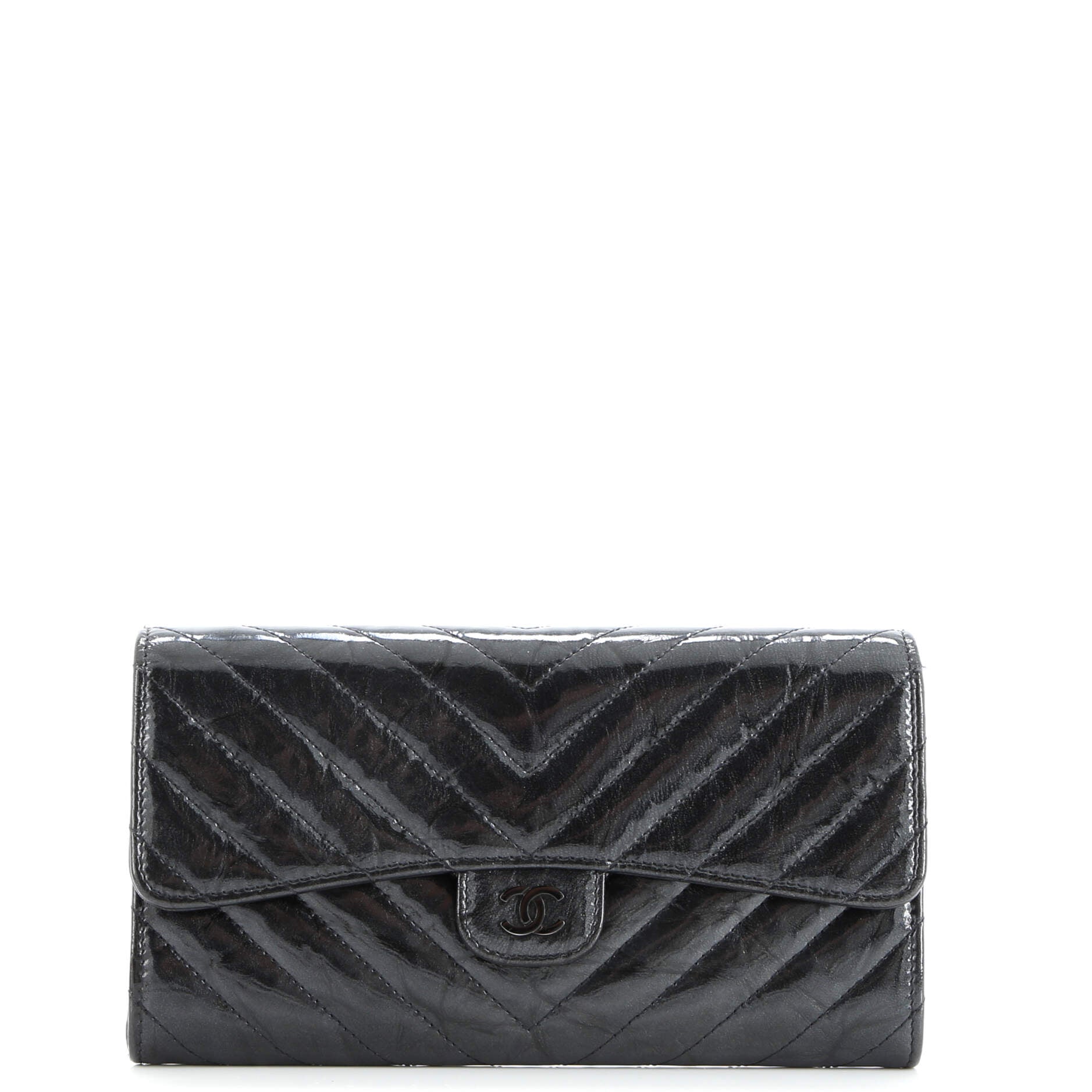 So Black CC Gusset Classic Flap Wallet Chevron Crumpled Metallic Patent Long
