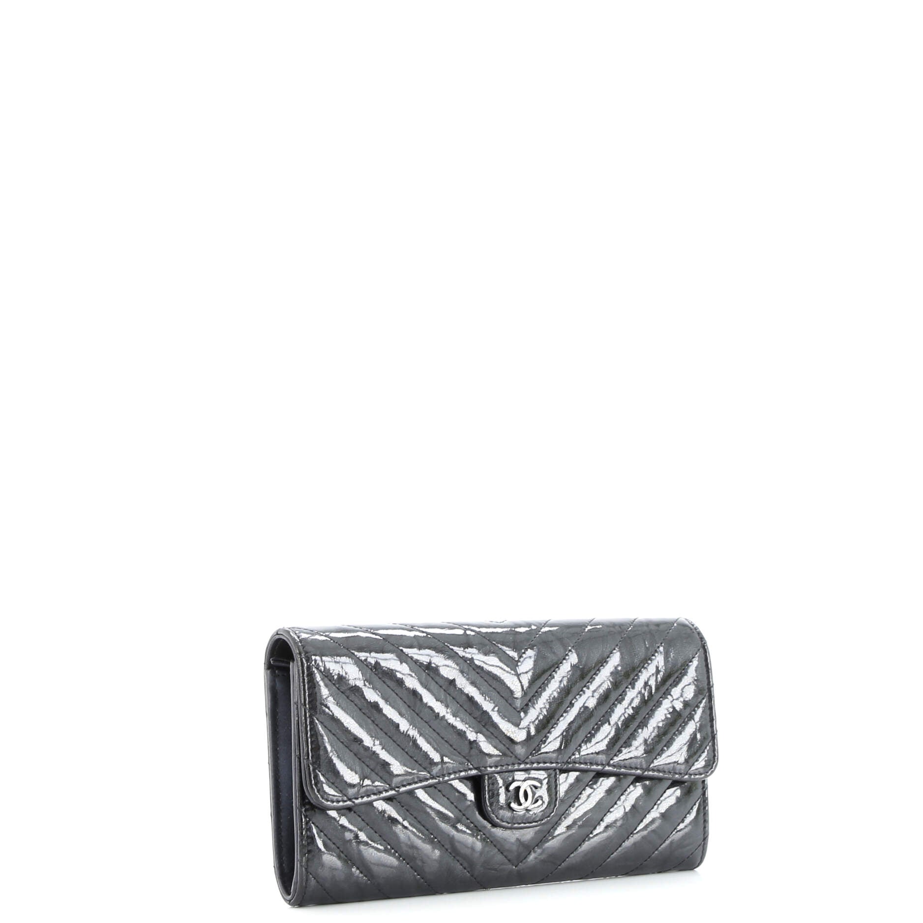 So Black CC Gusset Classic Flap Wallet Chevron Crumpled Metallic Patent Long