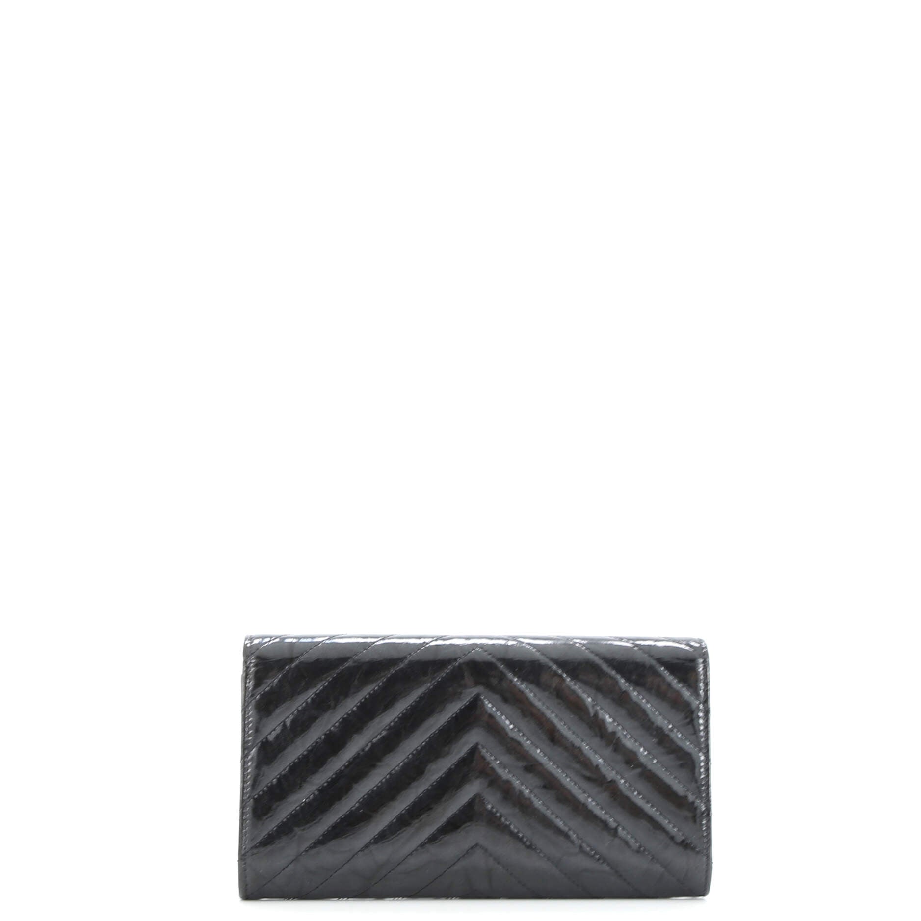 So Black CC Gusset Classic Flap Wallet Chevron Crumpled Metallic Patent Long