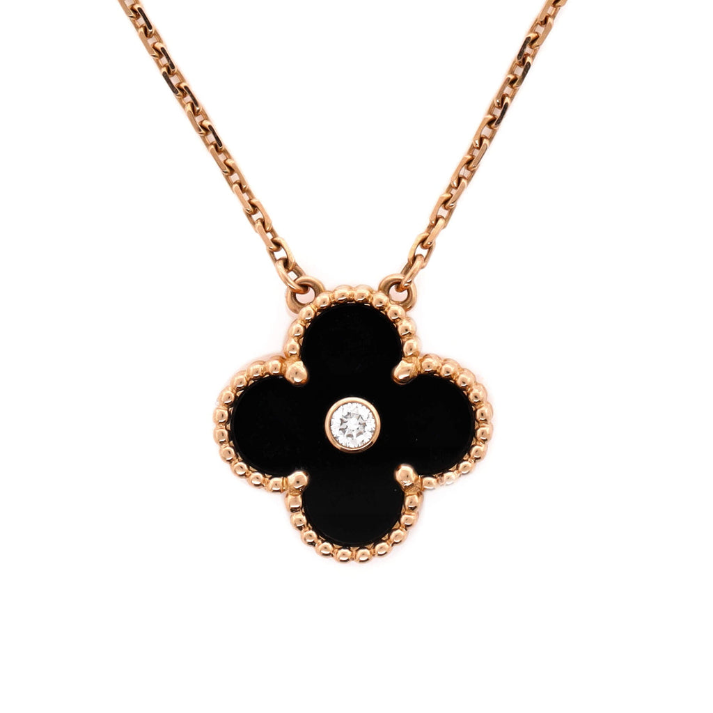 Vintage Alhambra Pendant Necklace 18K Rose Gold and Onyx with Diamond