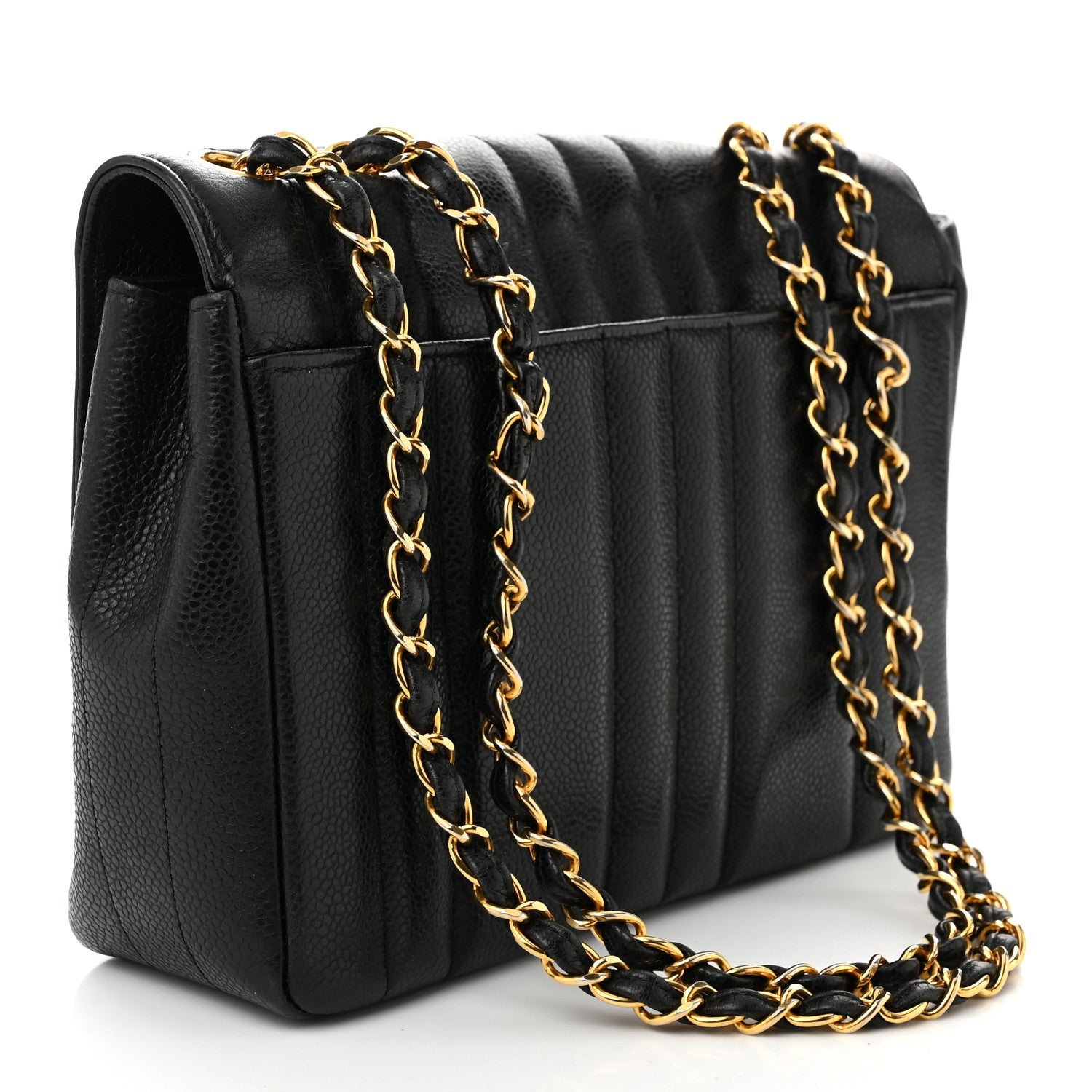 Caviar Vertical Quilted Small Single Flap Black