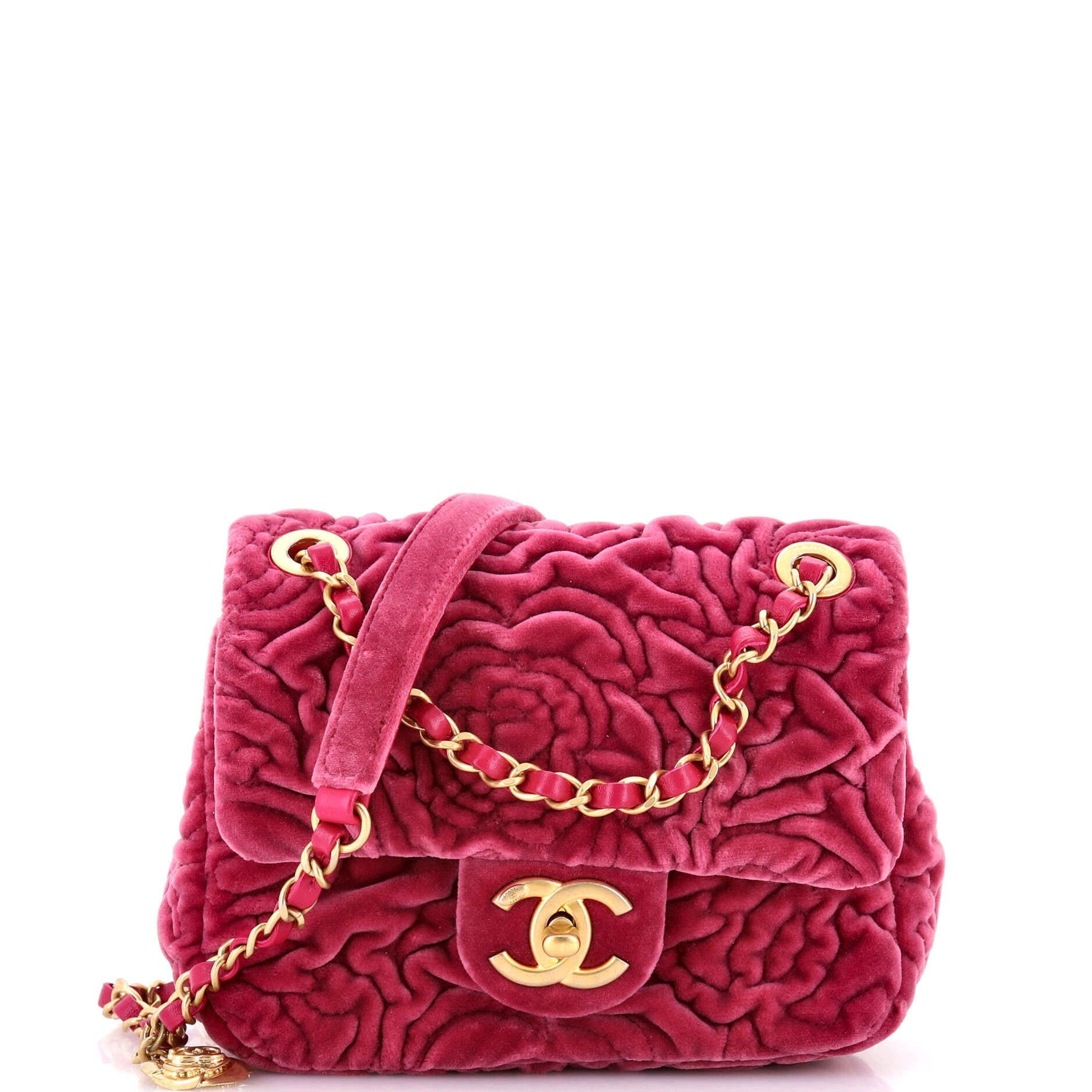 Square Classic Single Flap Bag Camellia Velvet Mini