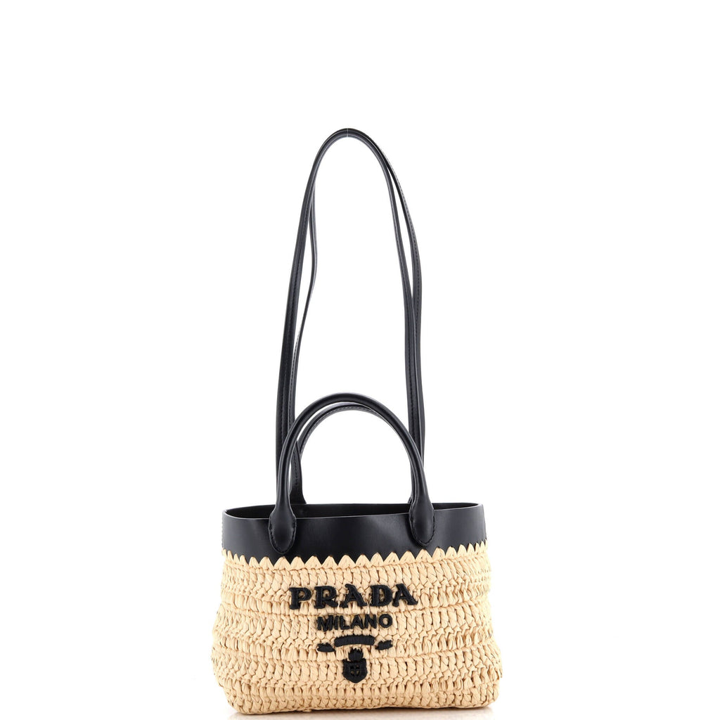 Double Handle Shopper Tote Woven Raffia with Leather Mini
