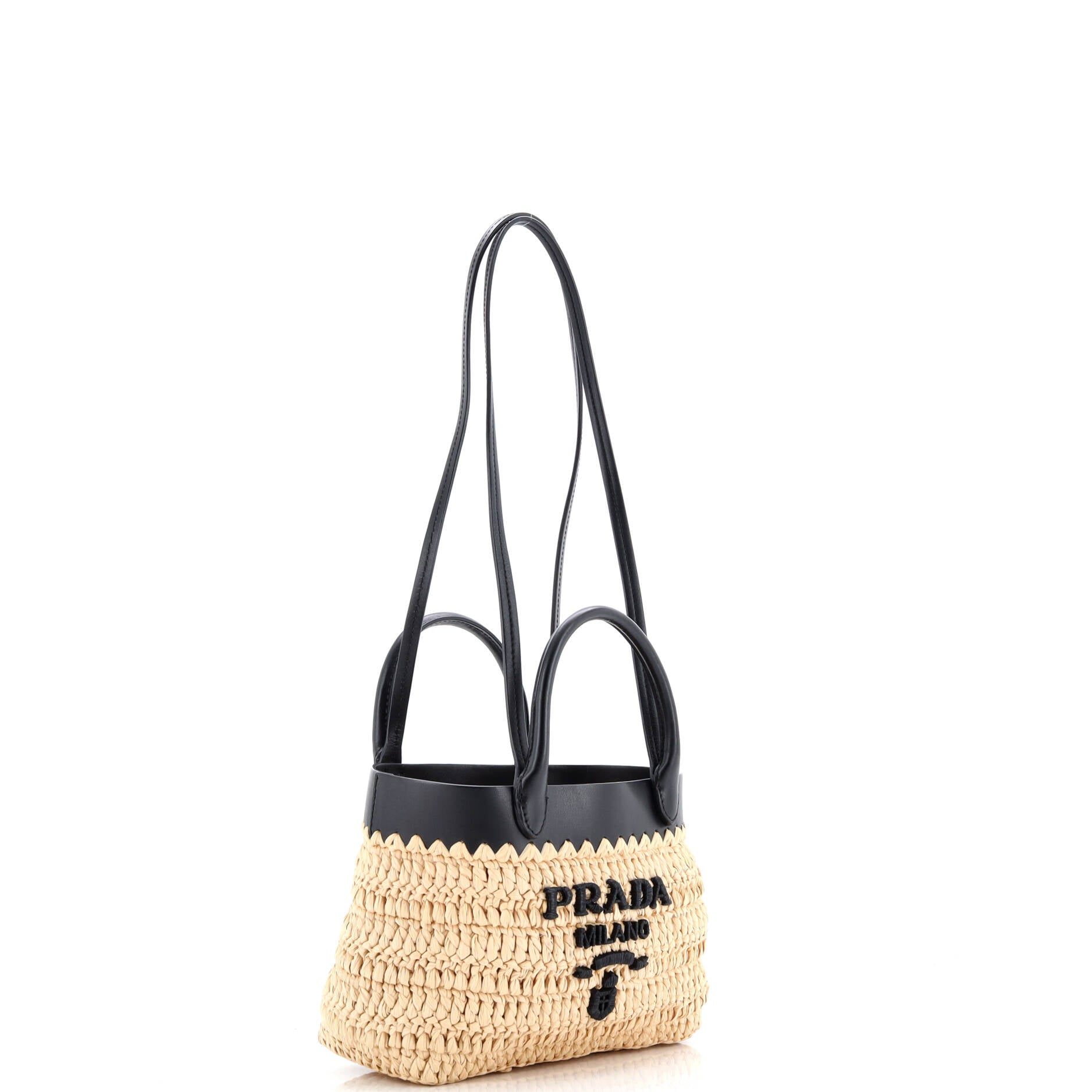 Double Handle Shopper Tote Woven Raffia with Leather Mini