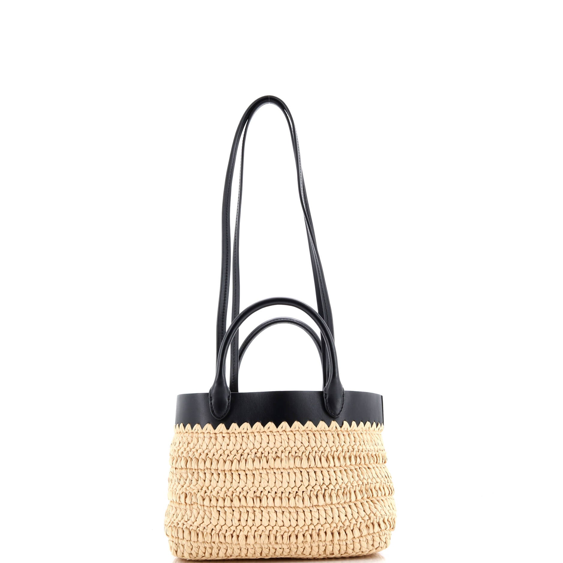 Double Handle Shopper Tote Woven Raffia with Leather Mini