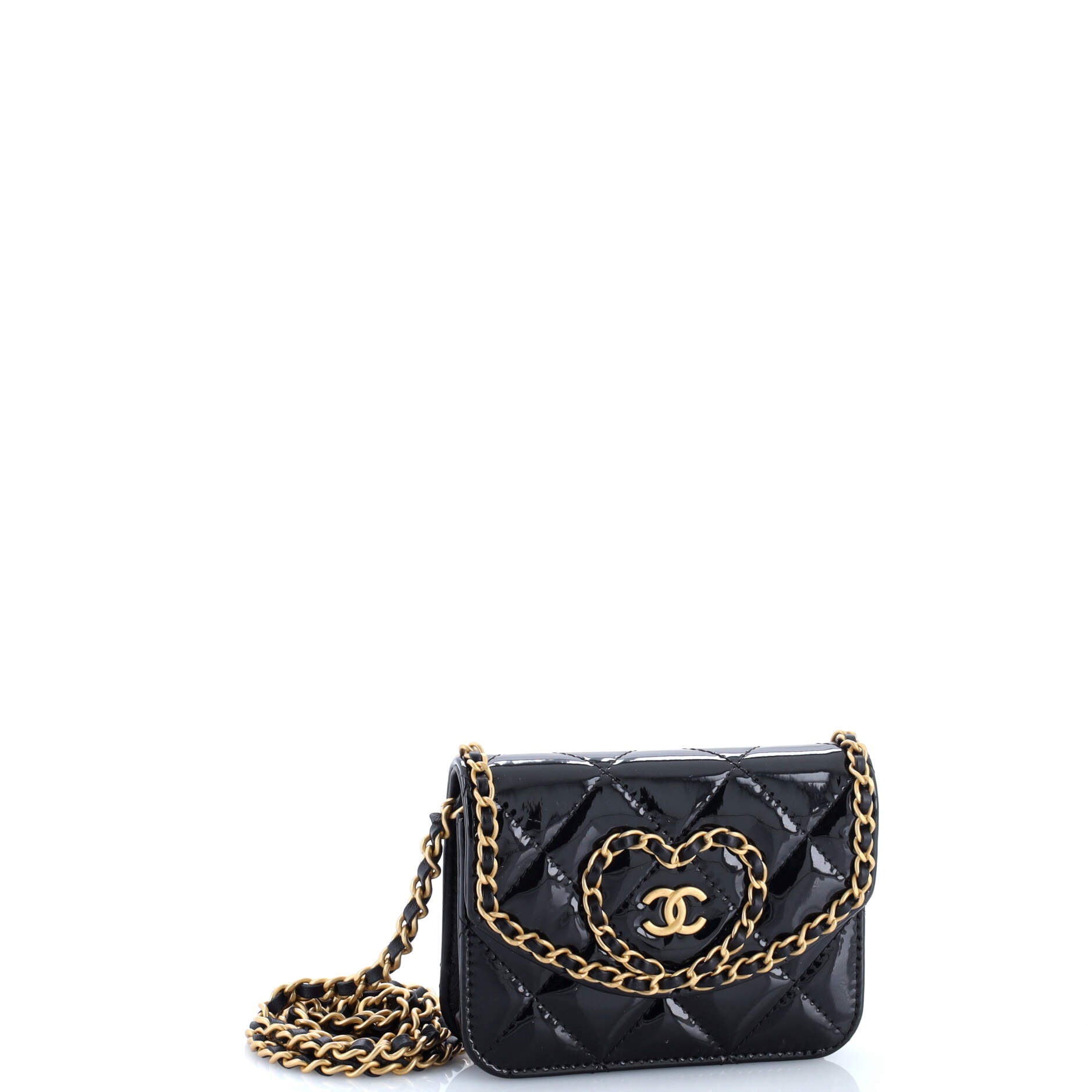 Heart Chain Flap Bag Quilted Patent Mini