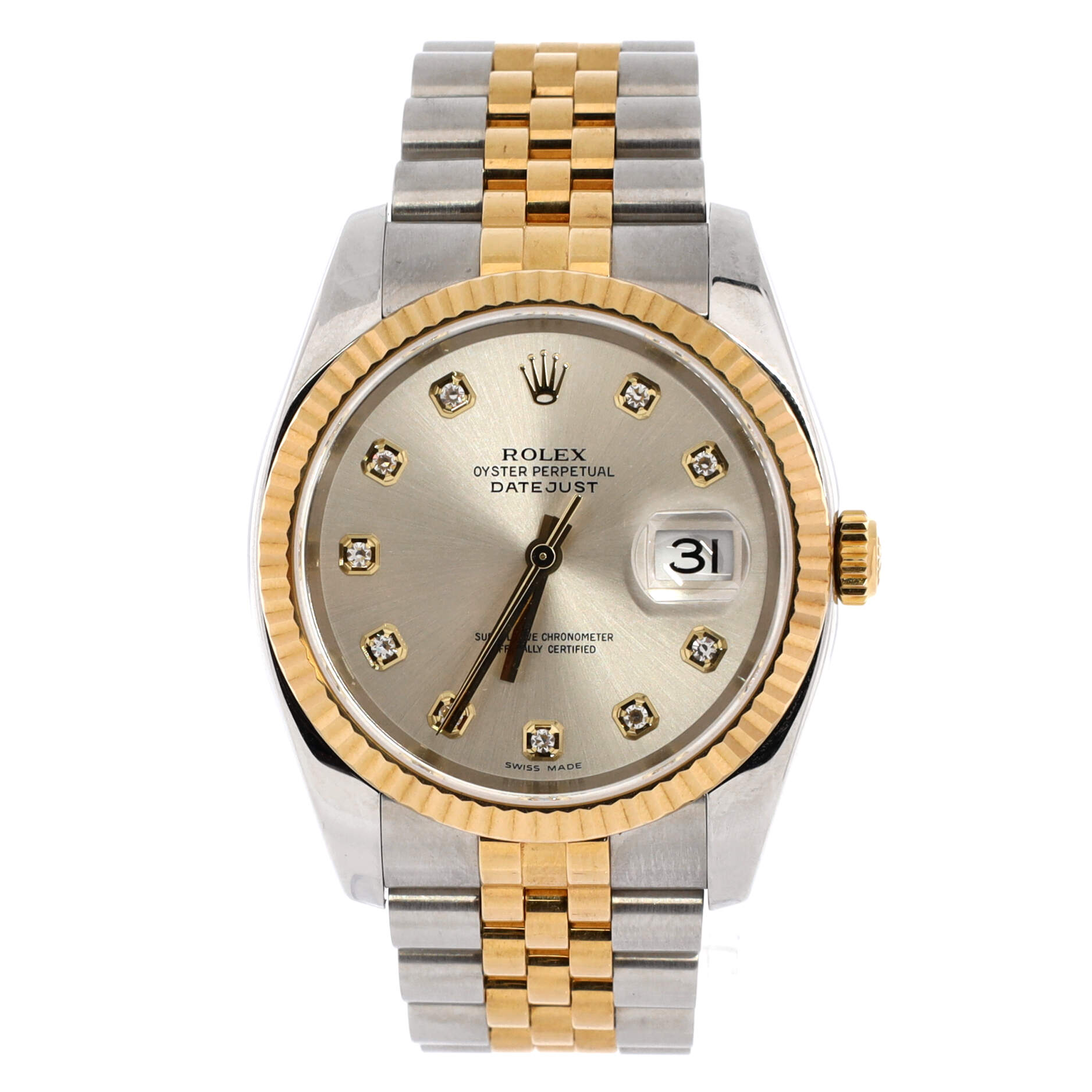 Oyster Perpetual Datejust Automatic Watch Stainless Steel and Yellow Gold with Diamond Markers 36