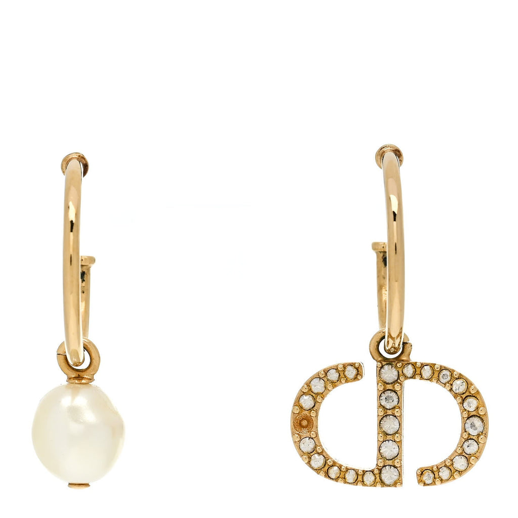 Pearl Crystal Petit CD Hoop Drop Earrings Gold