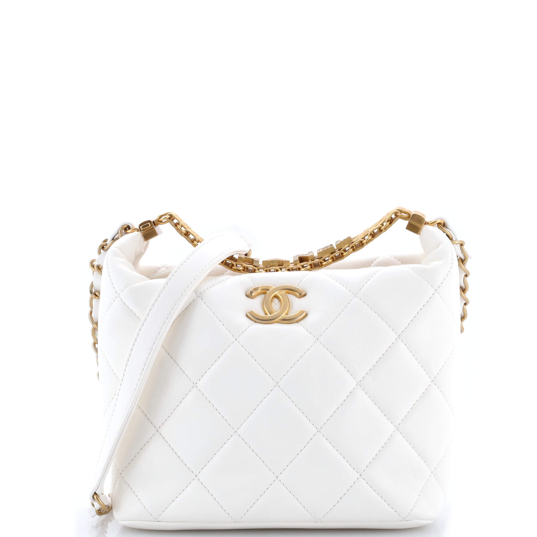 Crystal Logo Letters Chain Handle Hobo Quilted Lambskin Small