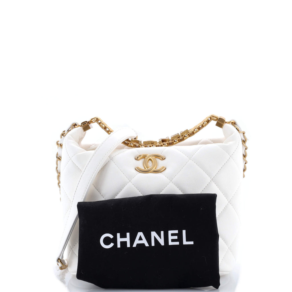 Crystal Logo Letters Chain Handle Hobo Quilted Lambskin Small