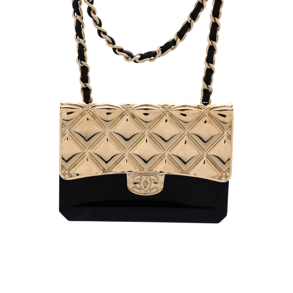 Flap Bag Chain Pendant Necklace Quilted Metal with Lambskin and Resin