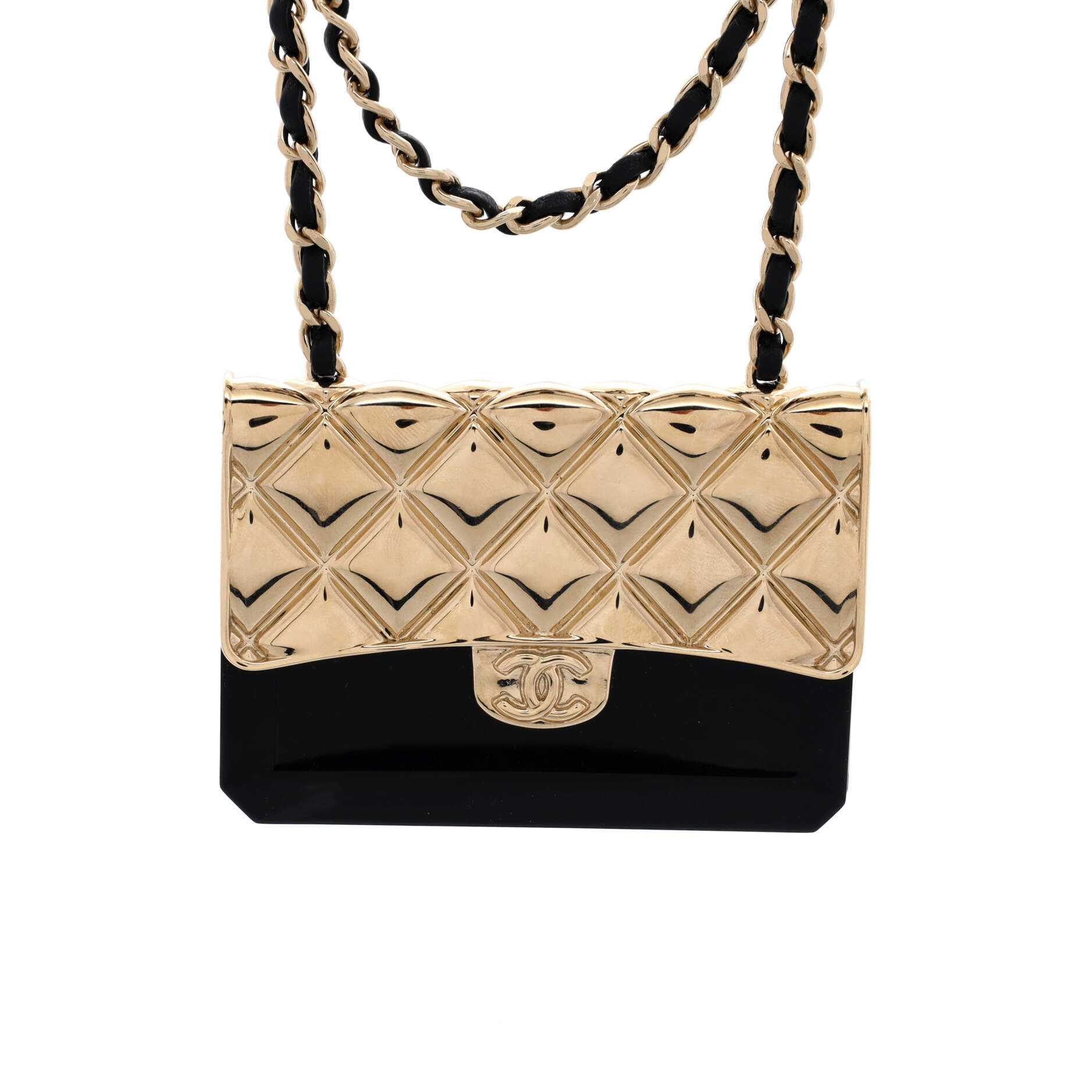 Flap Bag Chain Pendant Necklace Quilted Metal with Lambskin and Resin