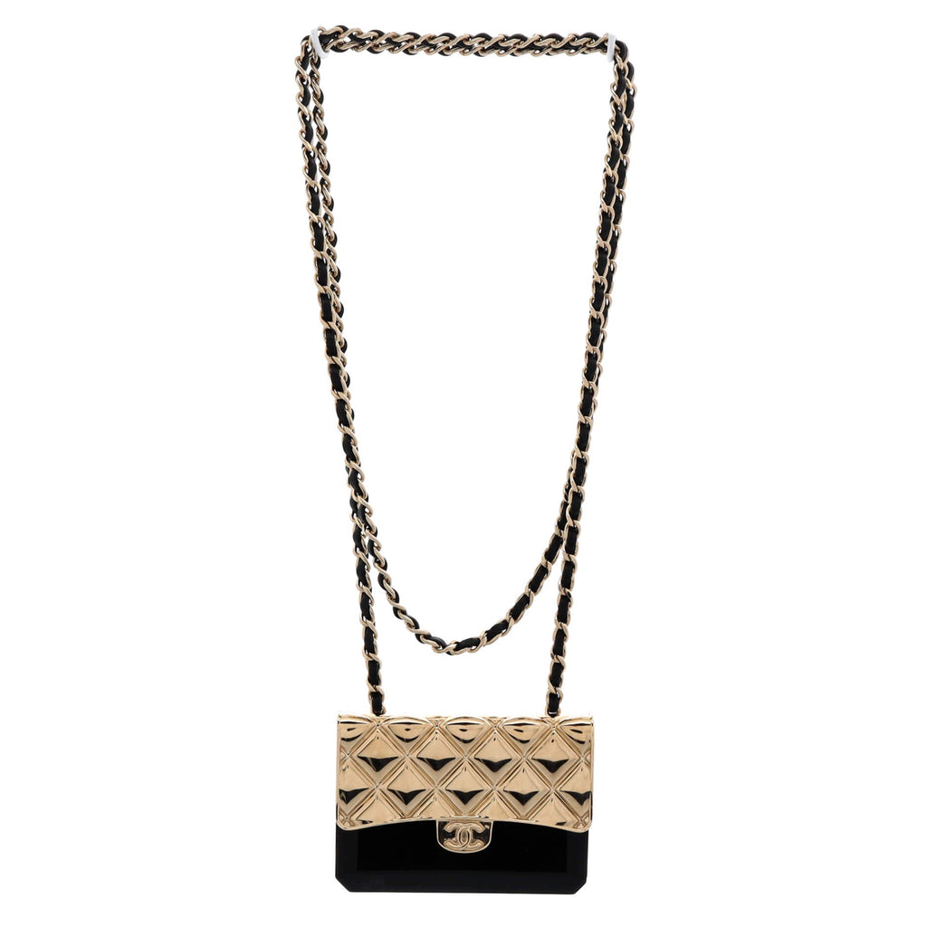 Flap Bag Chain Pendant Necklace Quilted Metal with Lambskin and Resin