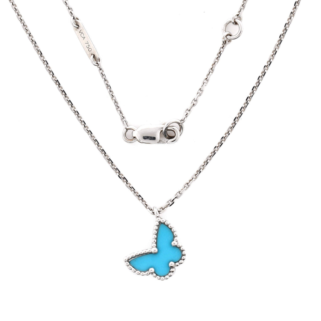 Sweet Alhambra Butterfly Pendant Necklace 18K White Gold with Turquoise
