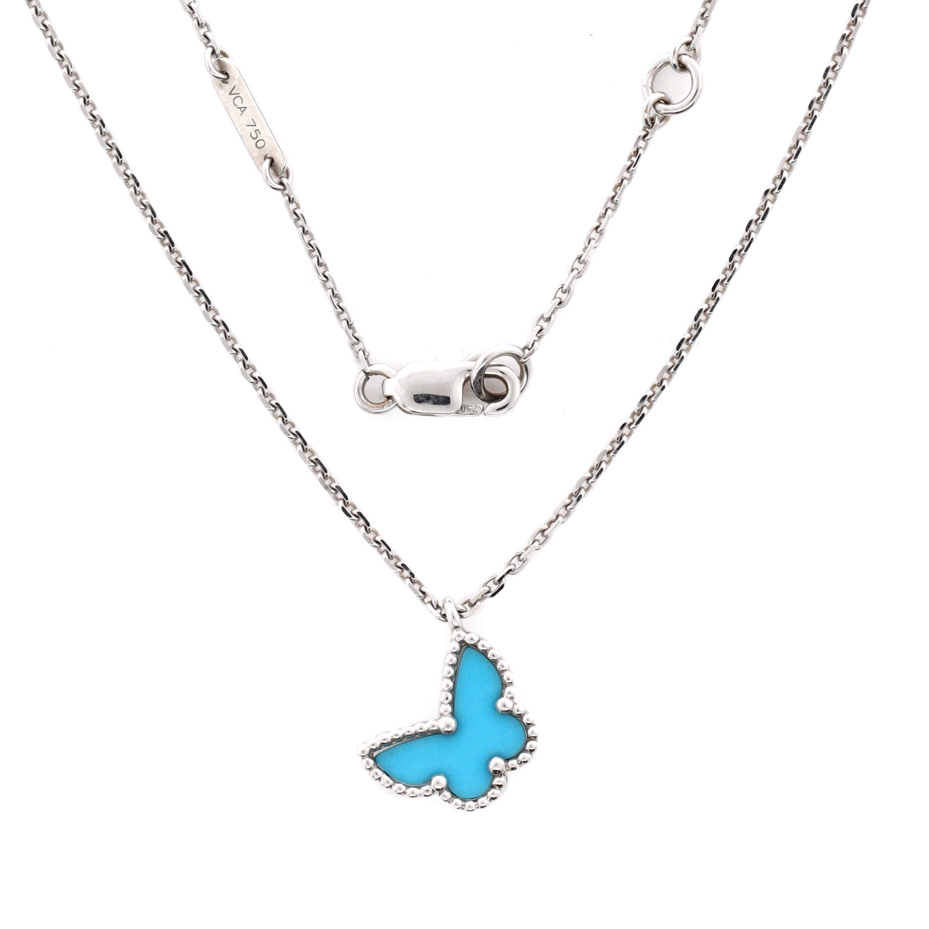 Sweet Alhambra Butterfly Pendant Necklace 18K White Gold with Turquoise